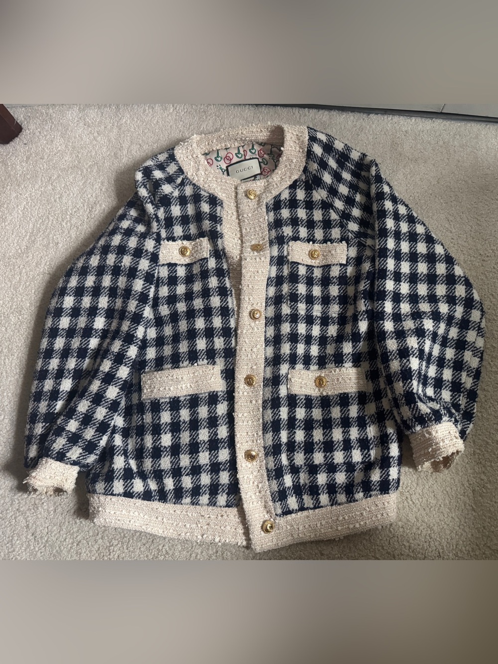 Gucci Blue/Beige Wool Button Up Tweed Plaid Jacket Size 38 Vintage Auth